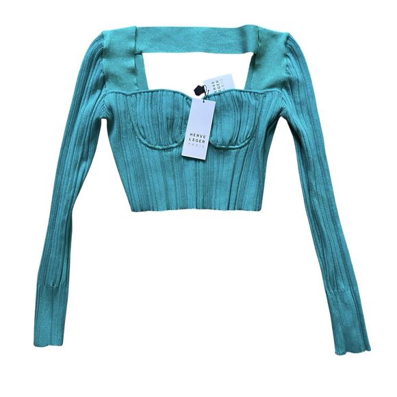 Harve Leger Ribbed Sweetheart Top M Green Long Sleeve Cropped Party Y2K $690 - Picture 5 of 12